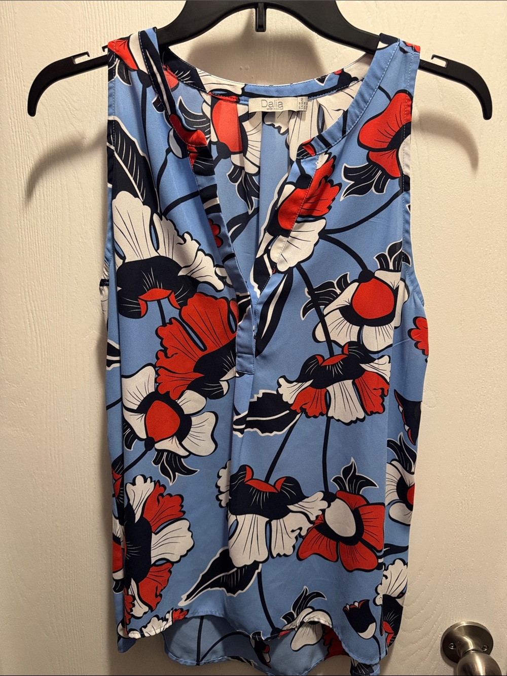 Dalia Sky Blue Floral Sleeveless Top with Red & White Blooms